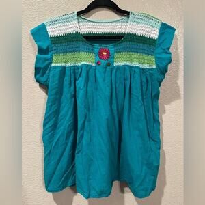 Crochet and embroidered peasant teal mint and white top M